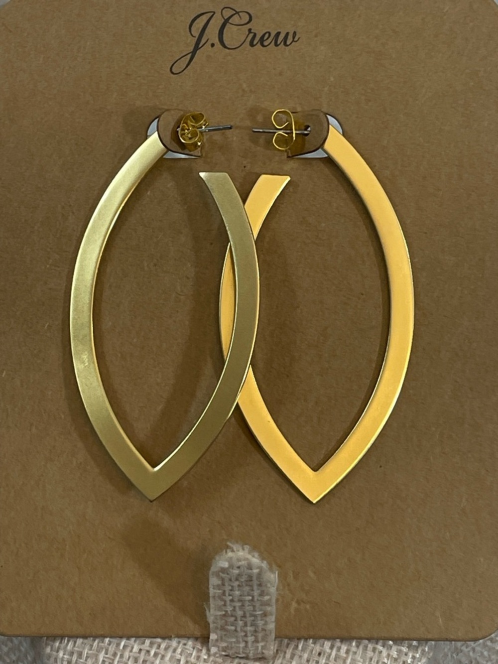 J. Crew Gold Tone Open Marquise Hoop Earrings 2.5” Post style New on card